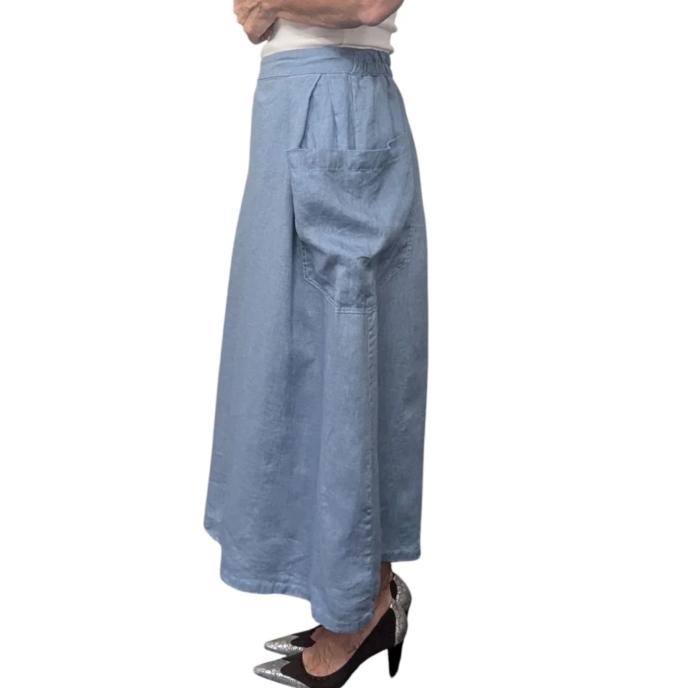 Lintico 100% Linen Blue Midi Skirt with Pockets Cottagecore Sz Small - Picture 2 of 9